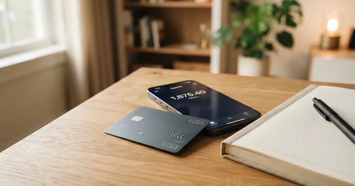 A payment card next to a phone with a crypto wallet app open