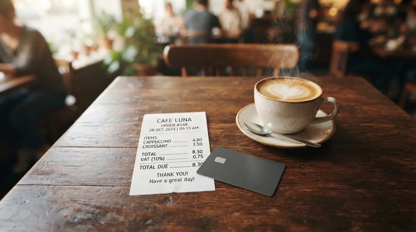 A receipt and a card on a café table