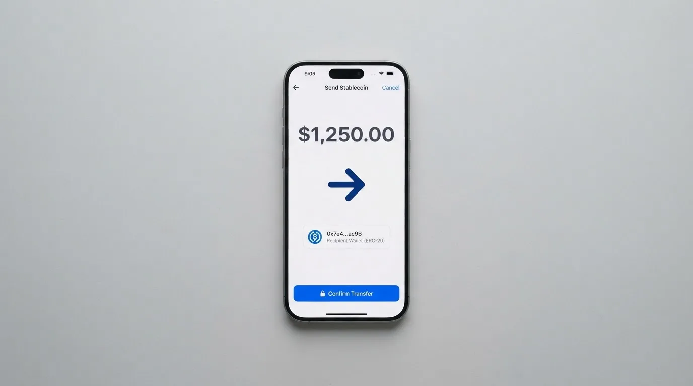 A phone showing a stablecoin transfer screen