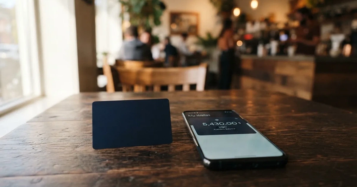 A payment card next to a phone with a crypto wallet app open