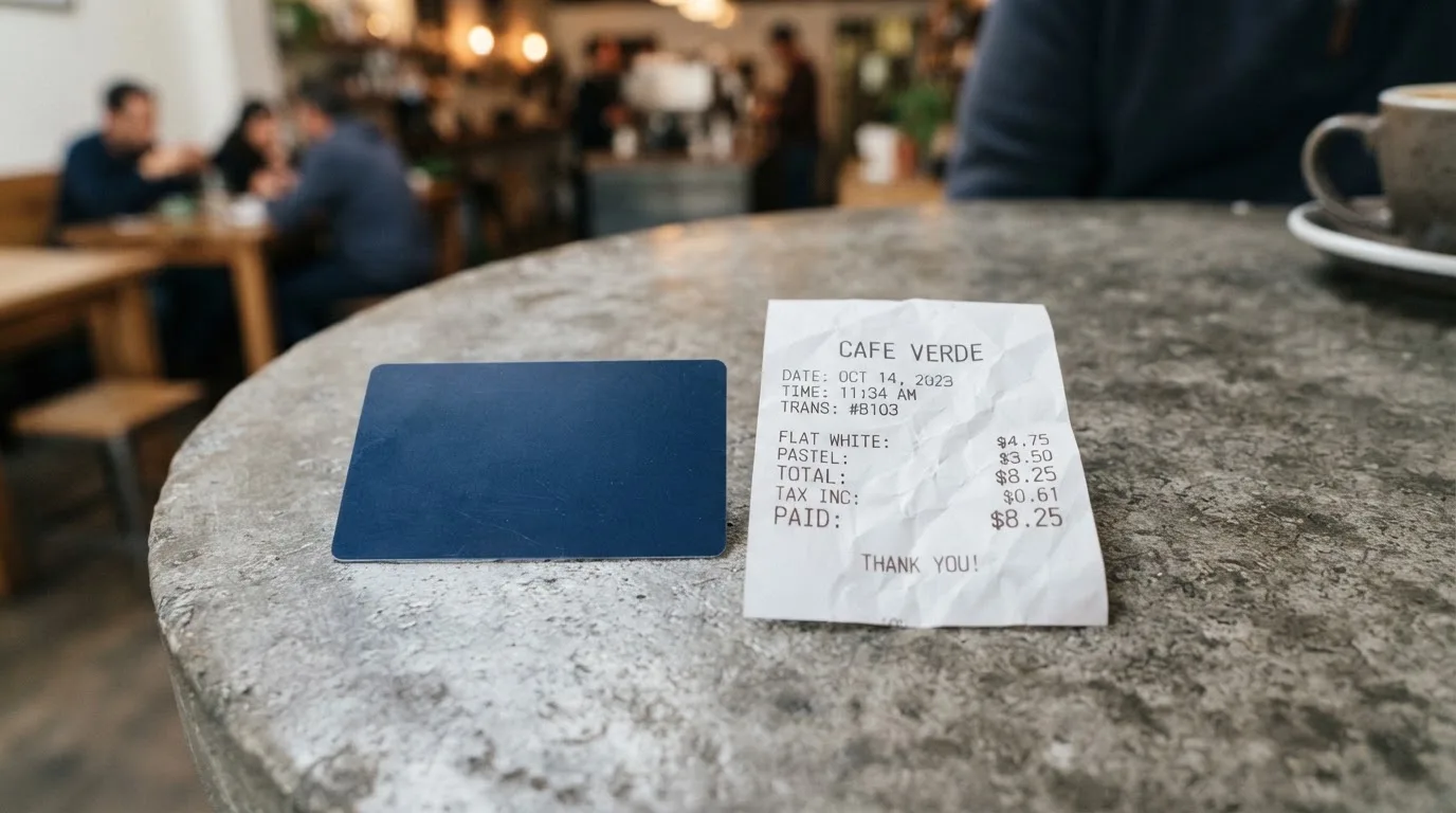 A receipt and a card on a café table