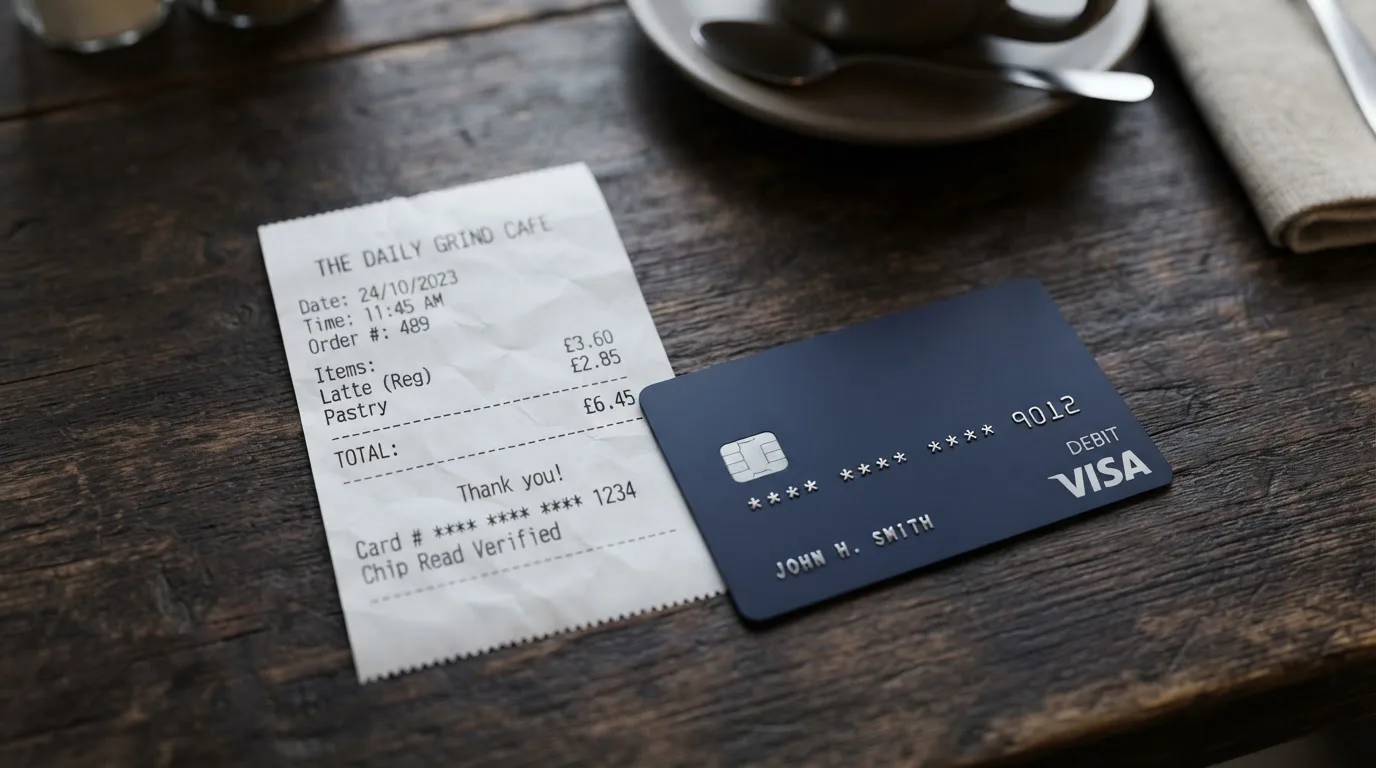 A receipt and a card on a café table