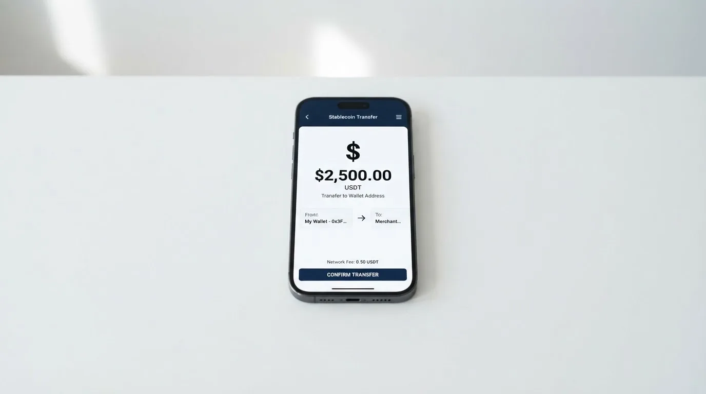 A phone showing a stablecoin transfer screen