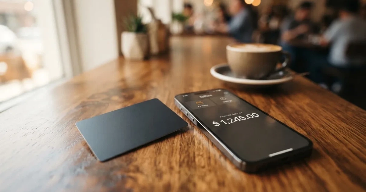 A payment card next to a phone with a crypto wallet app open