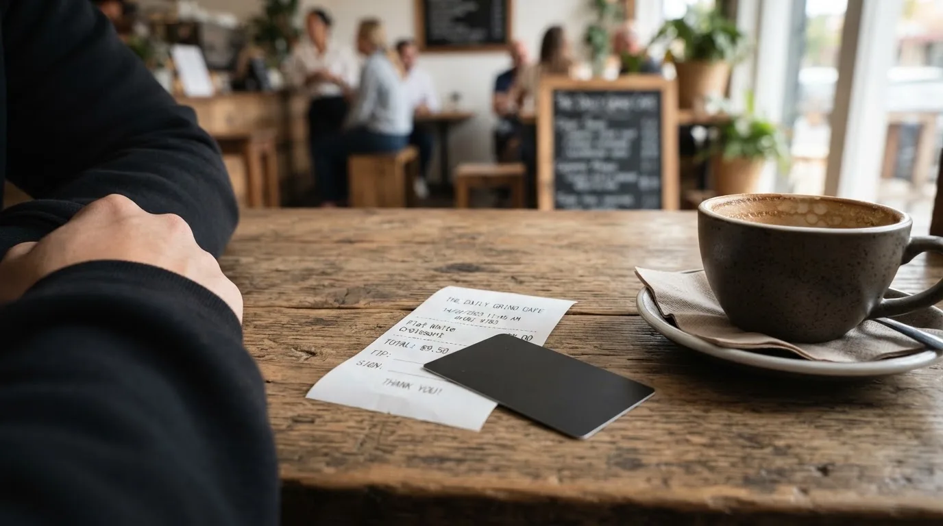 A receipt and a card on a café table