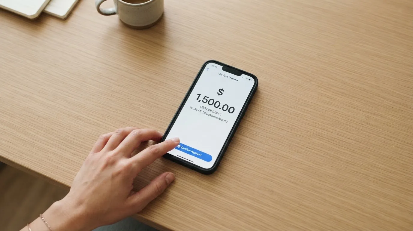 A phone showing a stablecoin transfer screen
