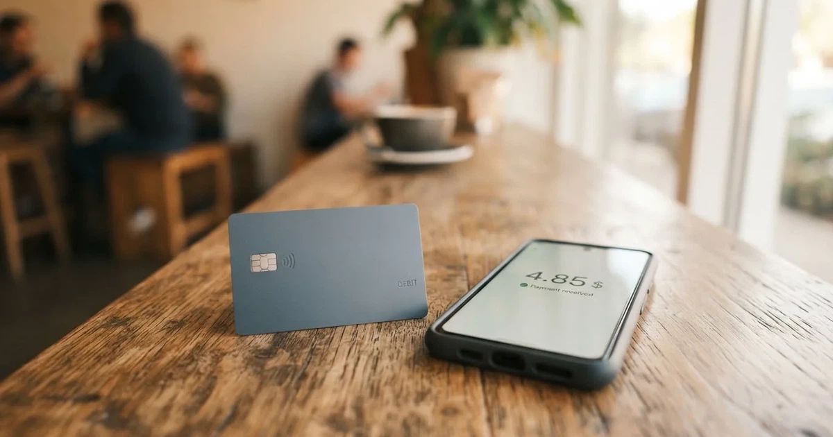 A payment card next to a phone with a crypto wallet app open