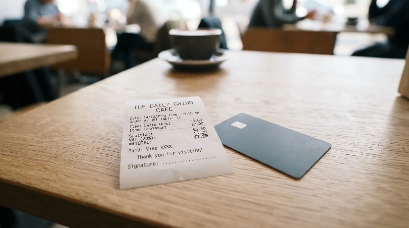 A receipt and a card on a café table