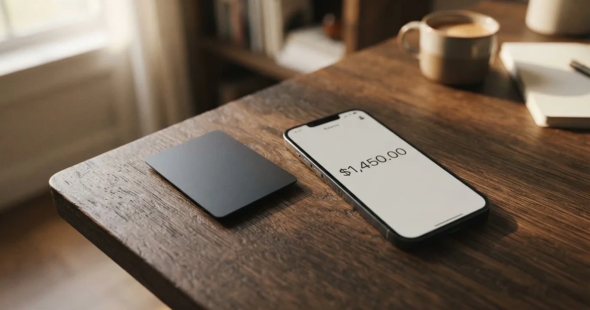 A payment card next to a phone with a crypto wallet app open