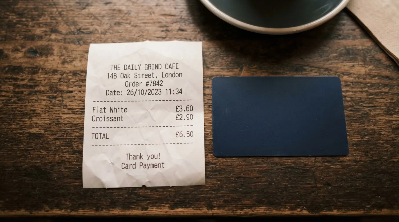 A receipt and a card on a café table