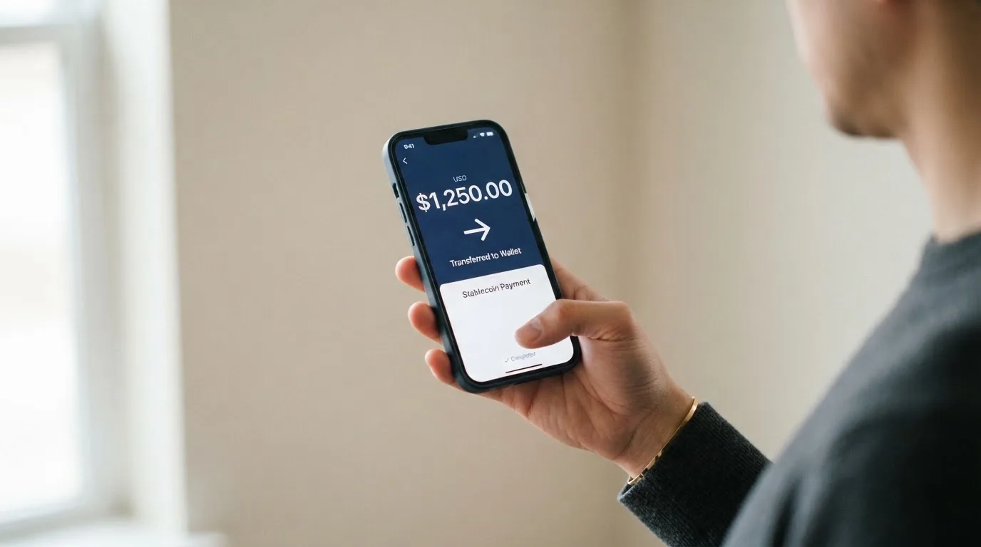 A phone showing a stablecoin transfer screen