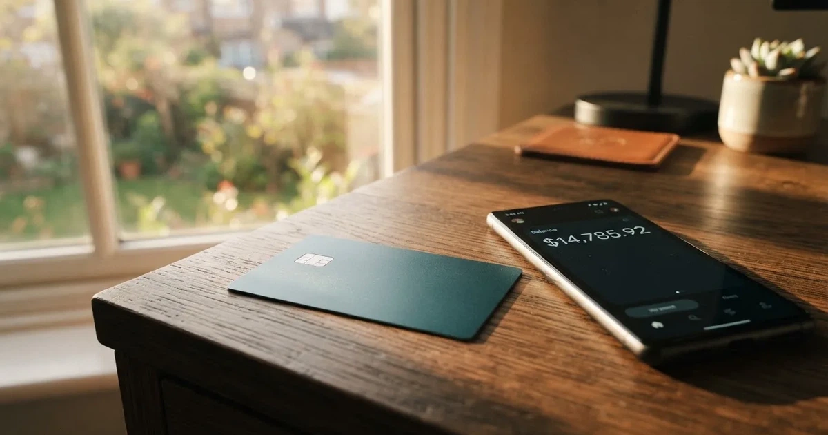 A payment card next to a phone with a crypto wallet app open