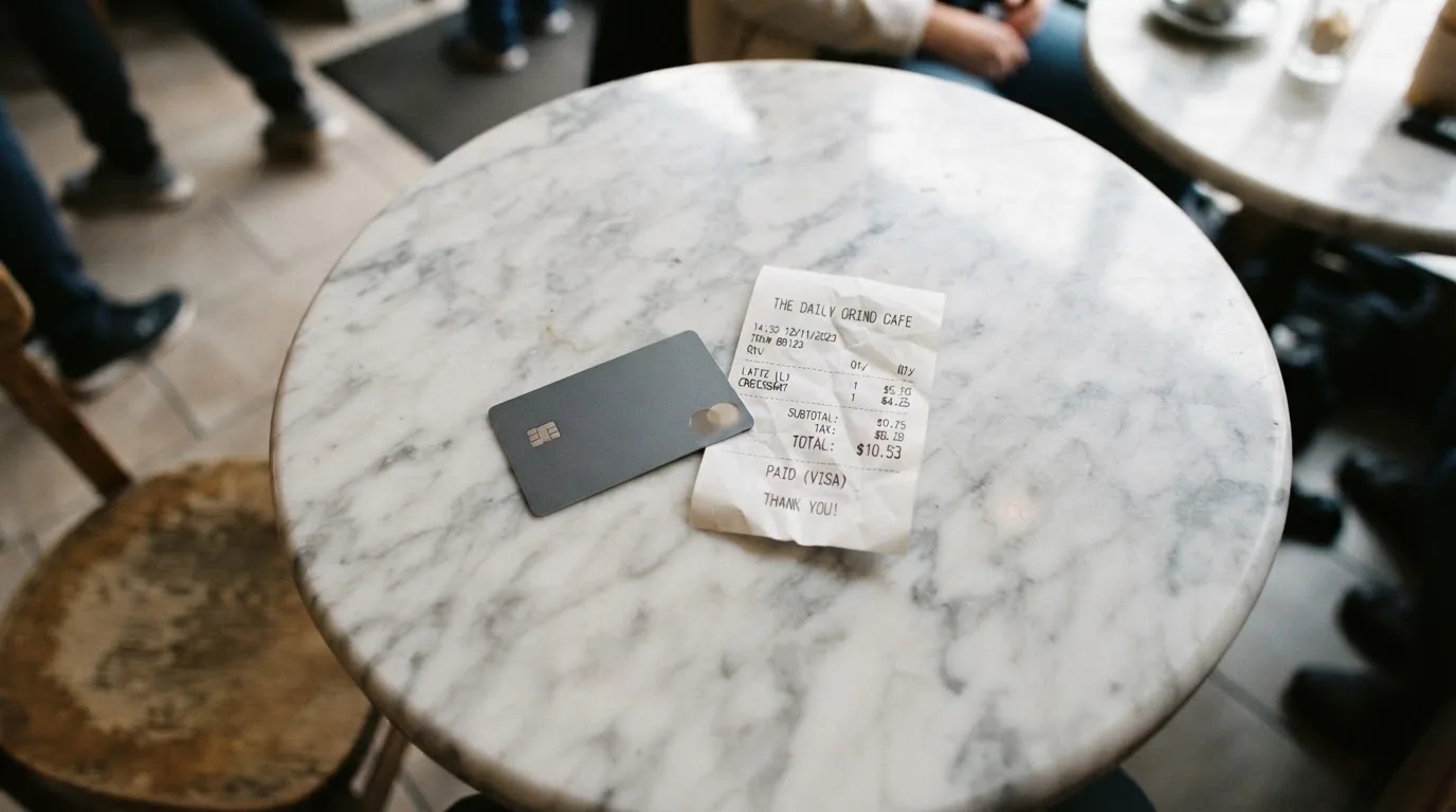 A receipt and a card on a café table