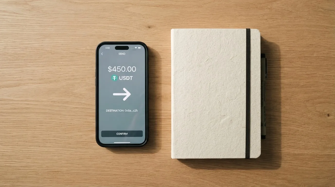 A phone showing a stablecoin transfer screen