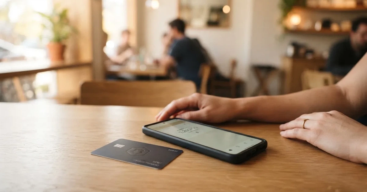 A payment card next to a phone with a crypto wallet app open
