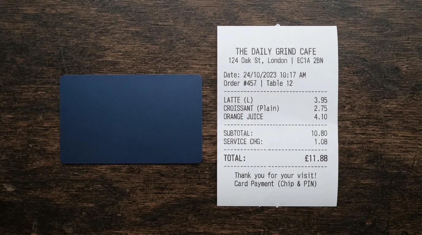 A receipt and a card on a café table