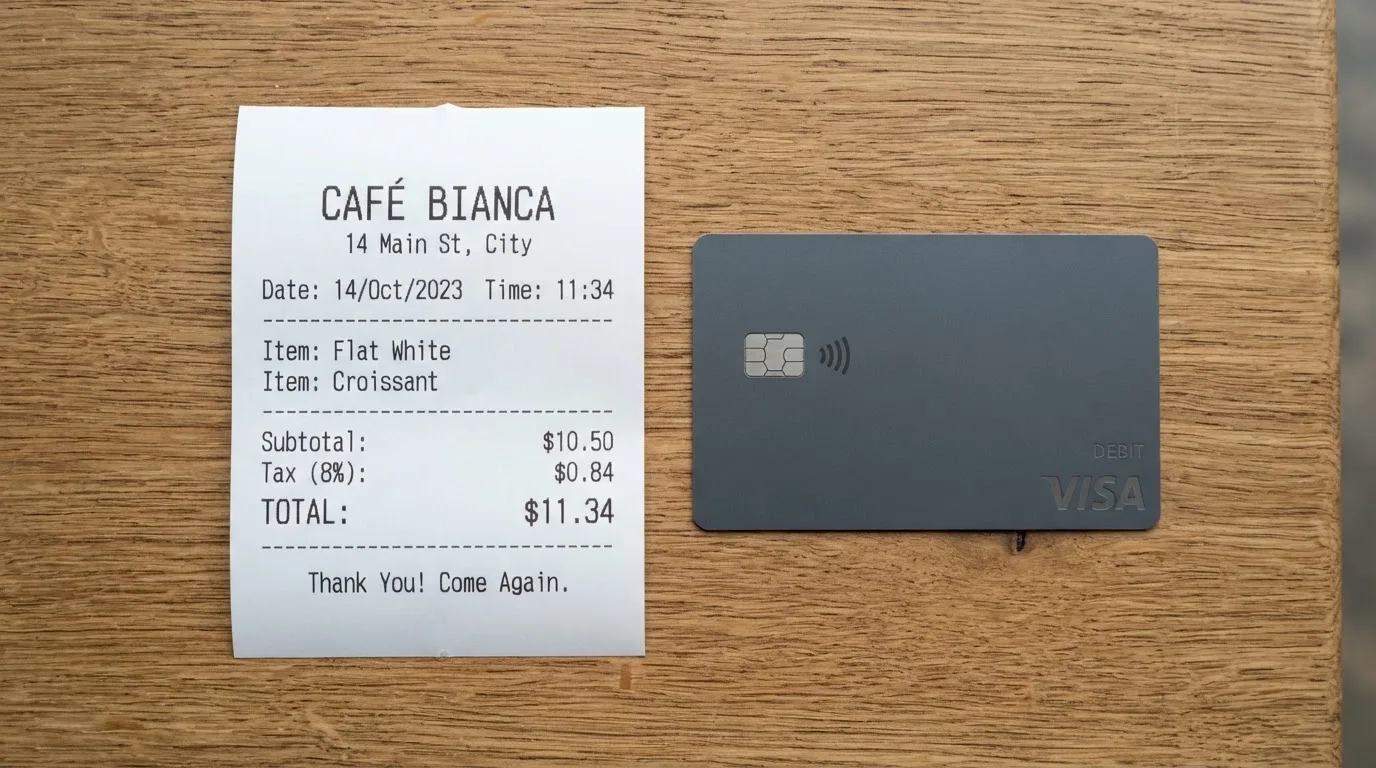 A receipt and a card on a café table