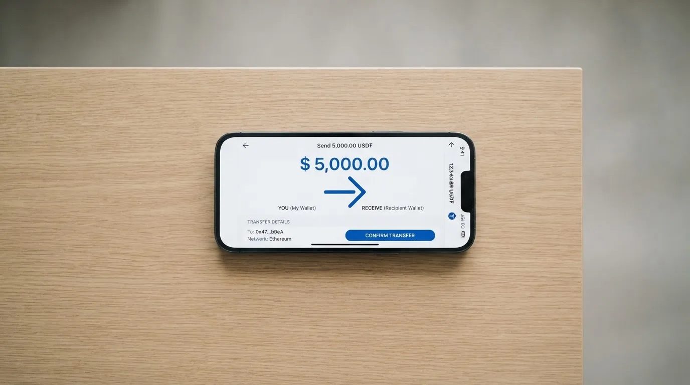 A phone showing a stablecoin transfer screen