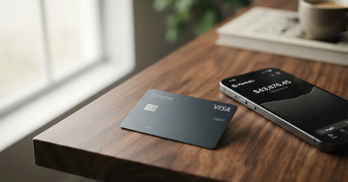 A payment card next to a phone with a crypto wallet app open
