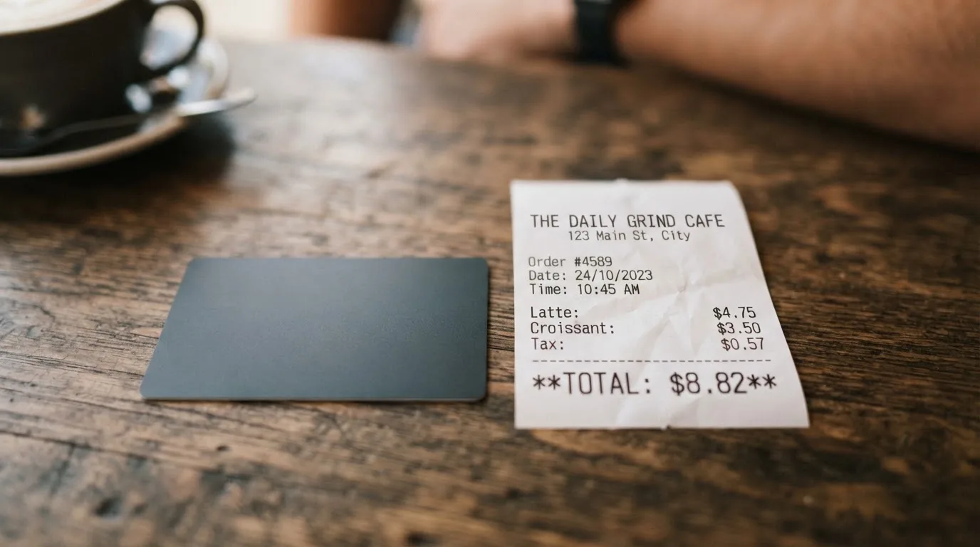 A receipt and a card on a café table