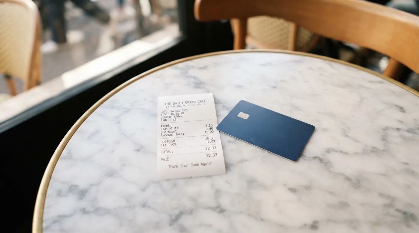 A receipt and a card on a café table