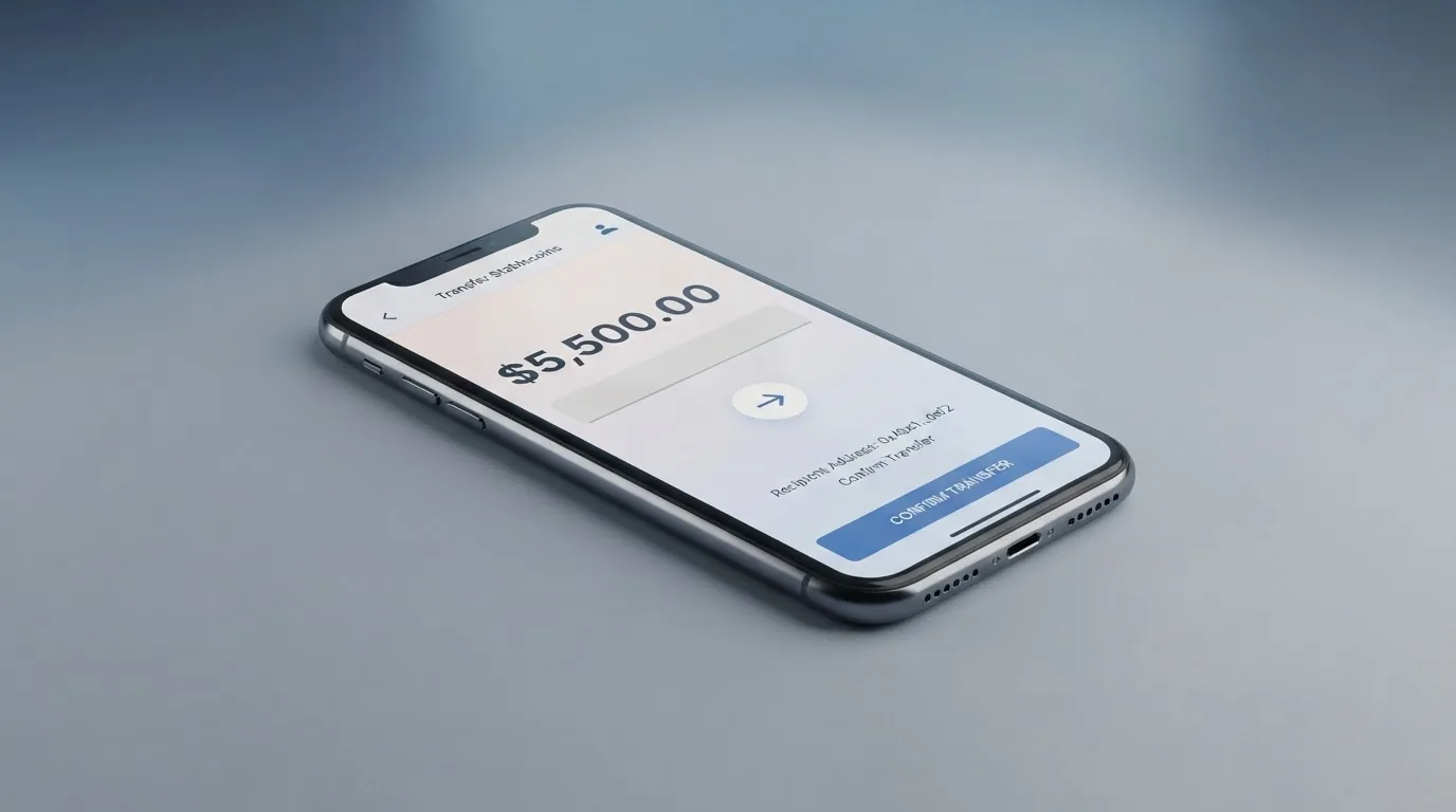 A phone showing a stablecoin transfer screen