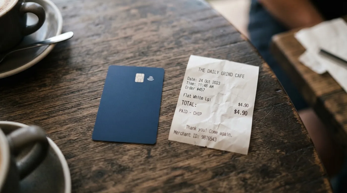 A receipt and a card on a café table