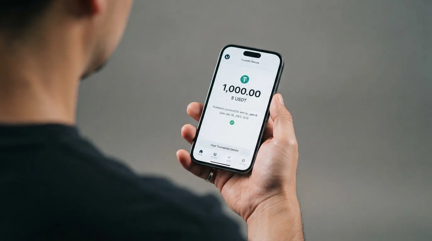 A phone showing a stablecoin transfer screen