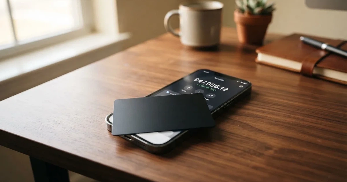 A payment card next to a phone with a crypto wallet app open