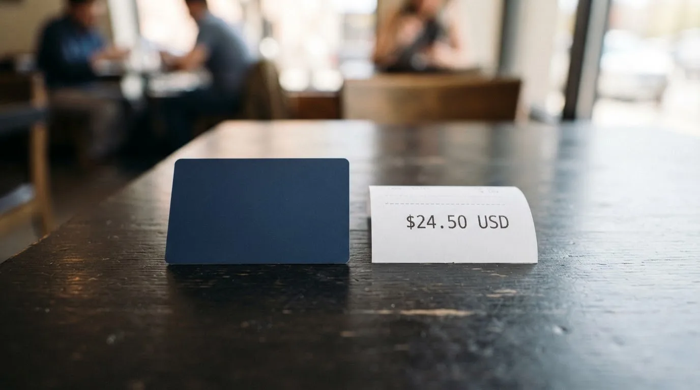 A receipt and a card on a café table