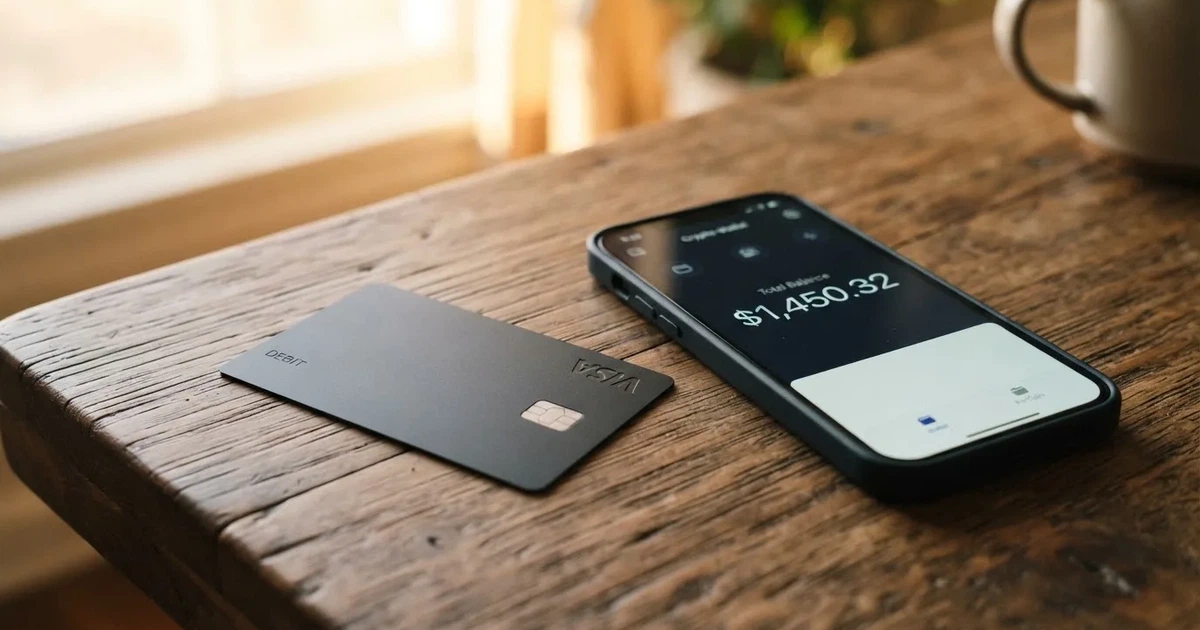 A payment card next to a phone with a crypto wallet app open