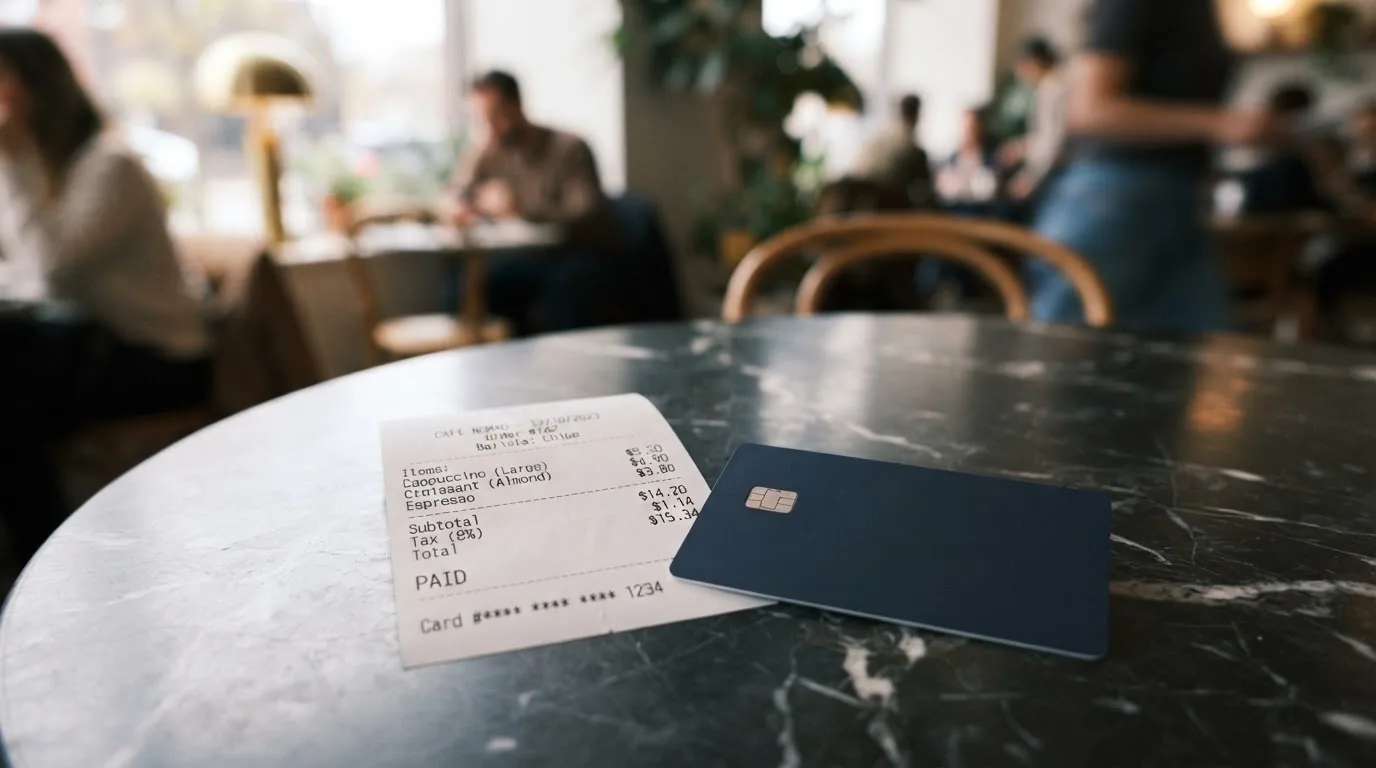 A receipt and a card on a café table