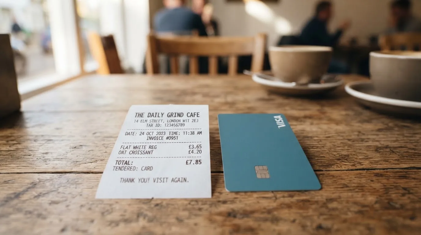 A receipt and a card on a café table