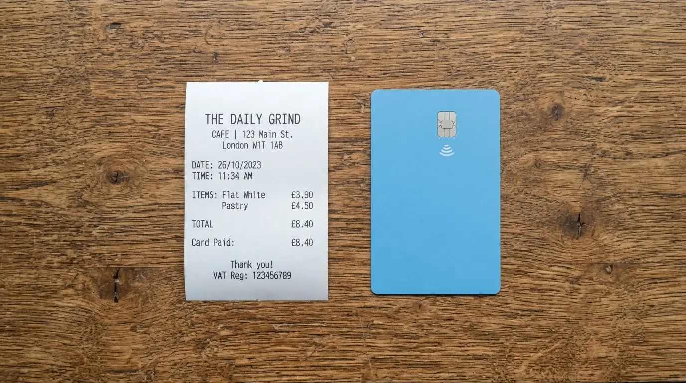 A receipt and a card on a café table