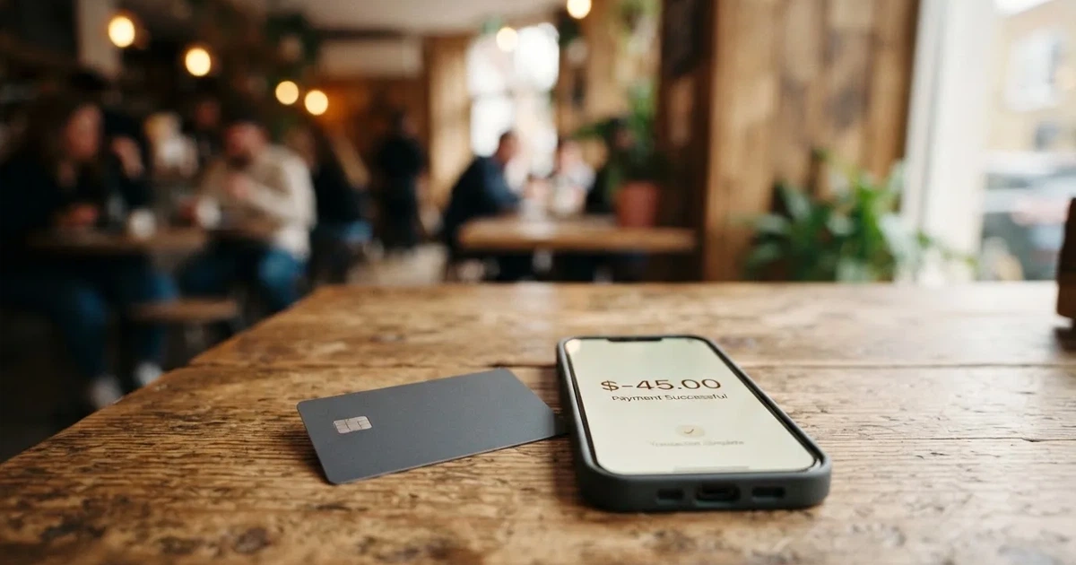 A payment card next to a phone with a crypto wallet app open