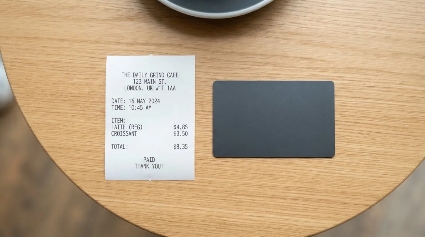 A receipt and a card on a café table