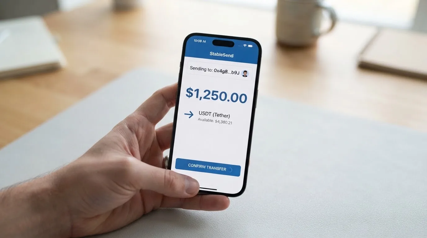 A phone showing a stablecoin transfer screen
