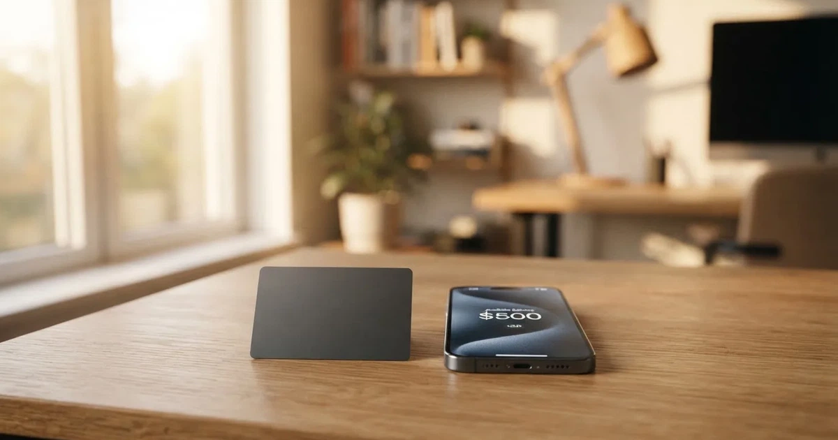 A payment card next to a phone with a crypto wallet app open