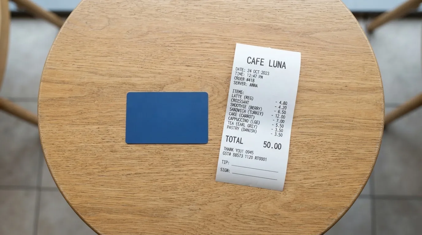A receipt and a card on a café table