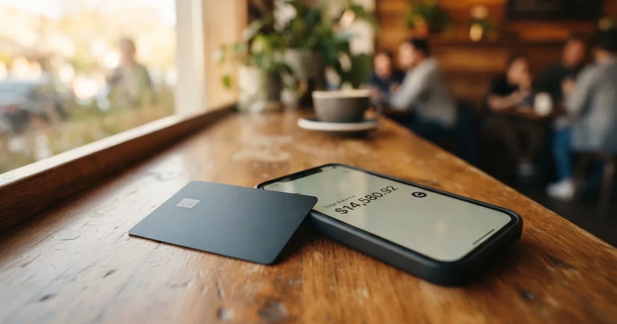 A payment card next to a phone with a crypto wallet app open