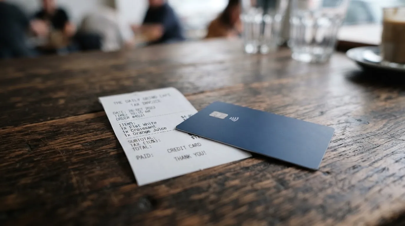A receipt and a card on a café table
