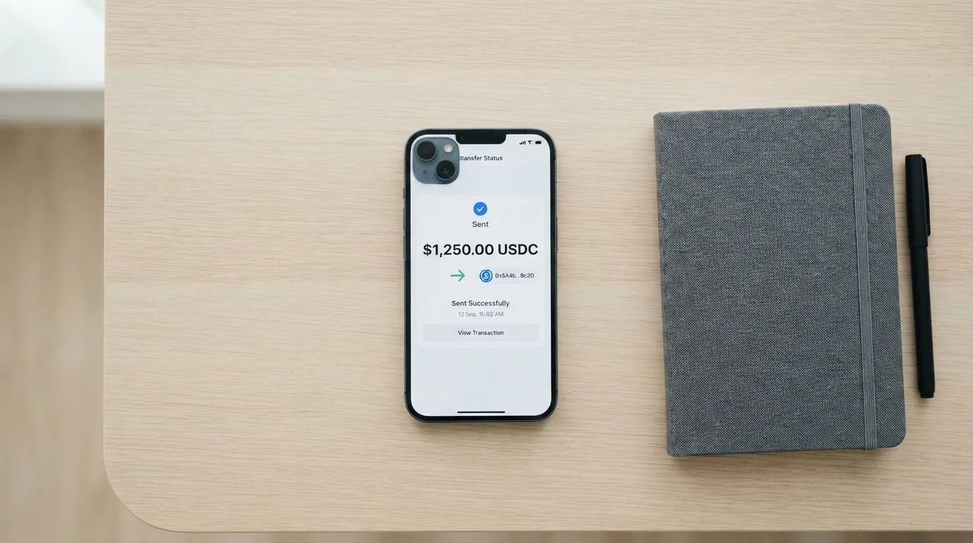 A phone showing a stablecoin transfer screen