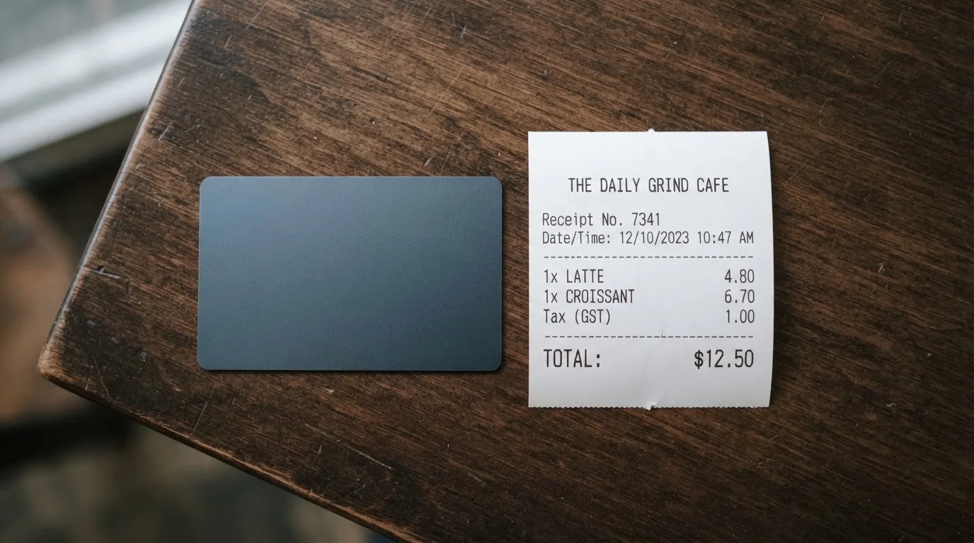 A receipt and a card on a café table
