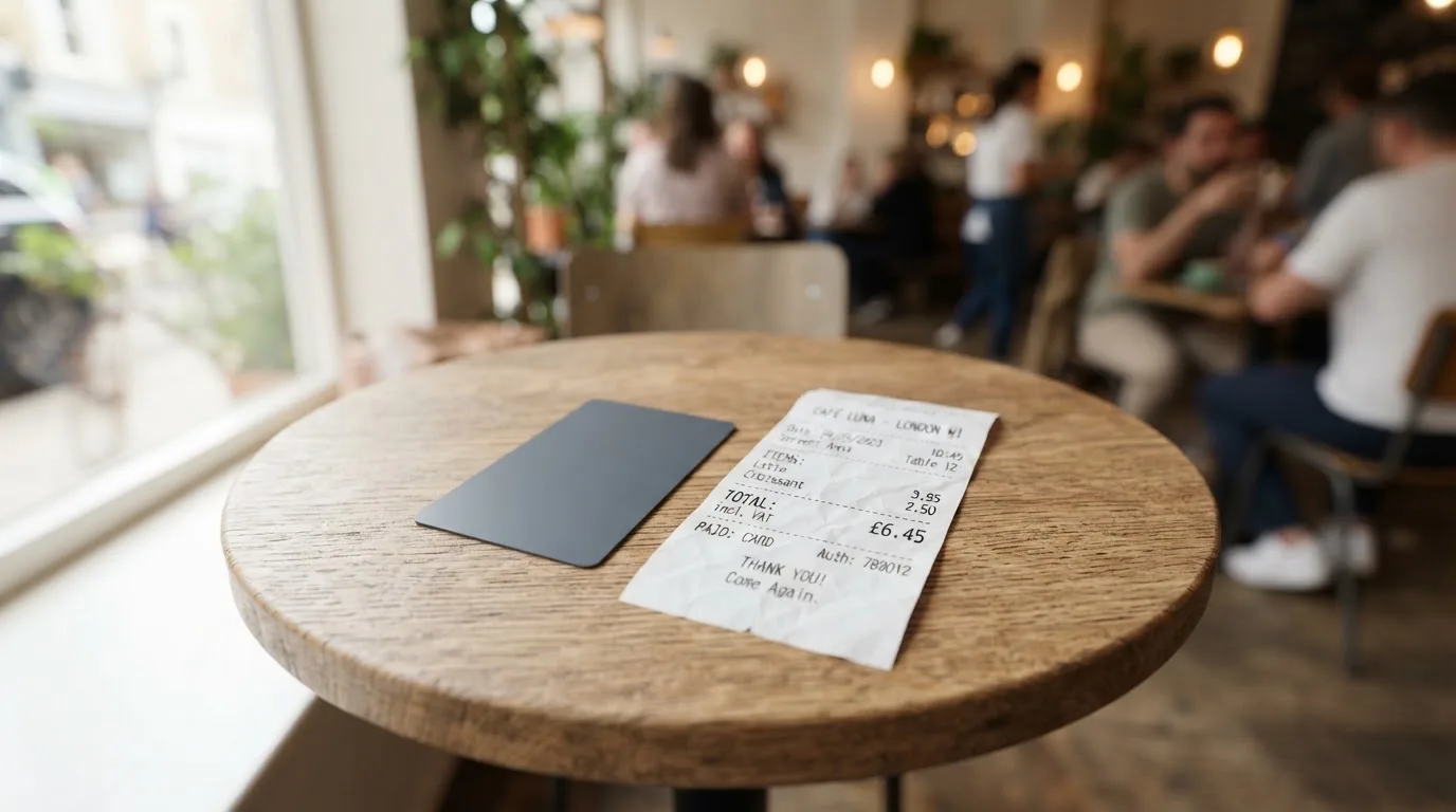 A receipt and a card on a café table