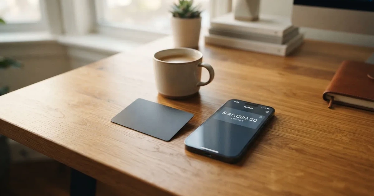 A payment card next to a phone with a crypto wallet app open