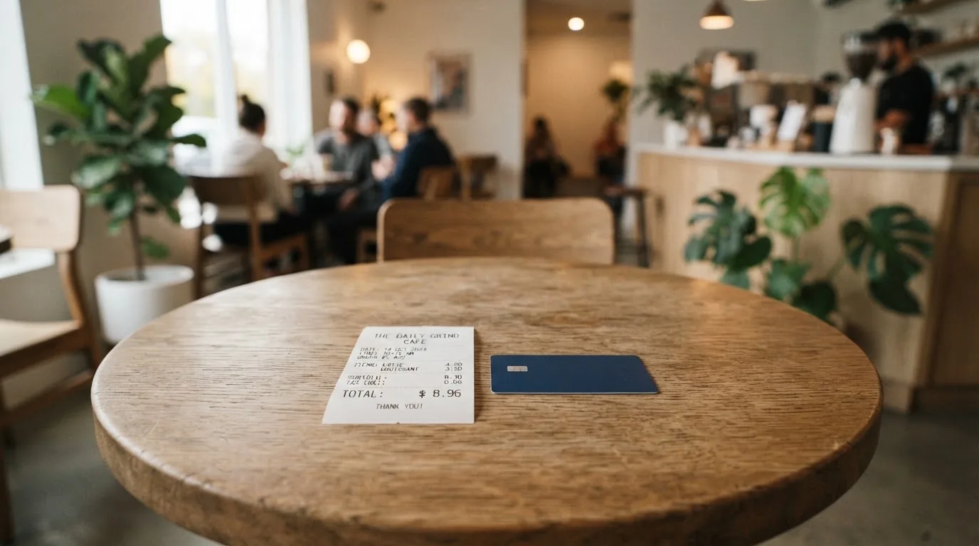A receipt and a card on a café table