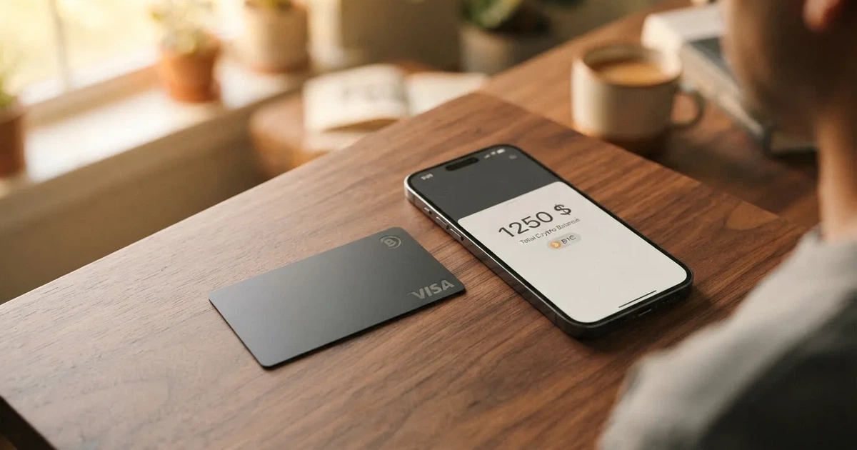 A payment card next to a phone with a crypto wallet app open