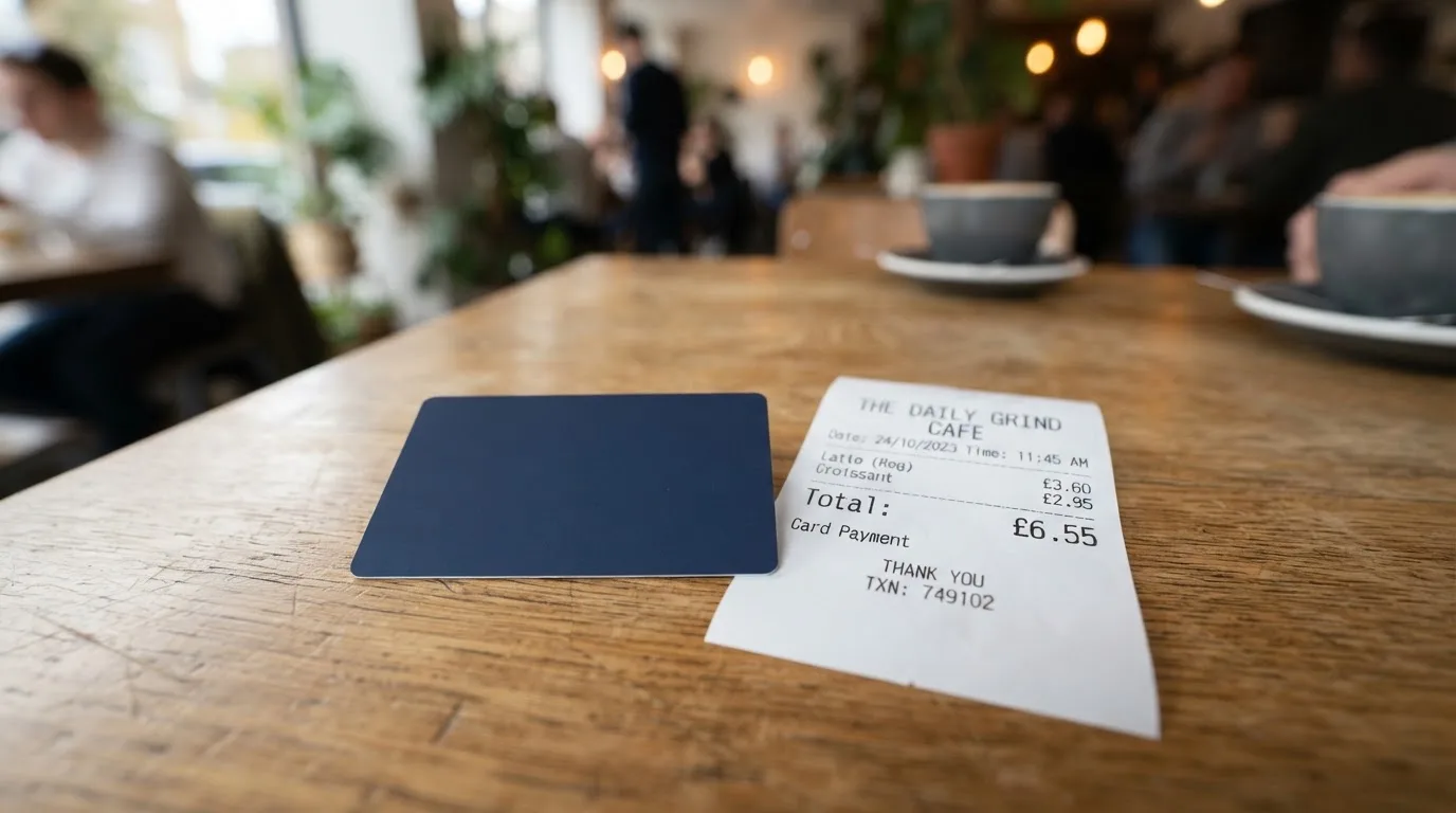 A receipt and a card on a café table