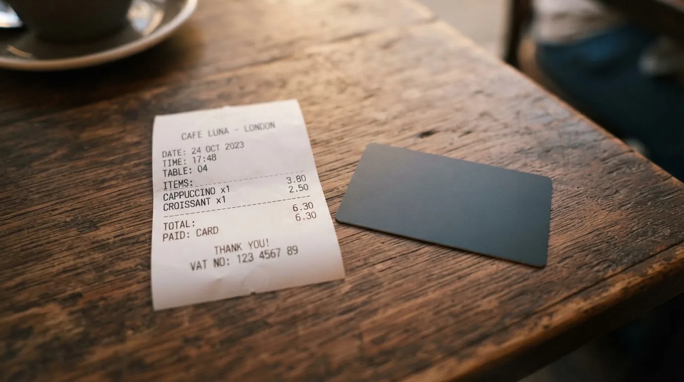 A receipt and a card on a café table