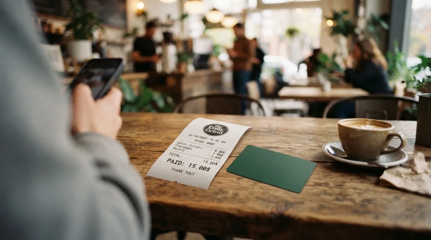 A receipt and a card on a café table